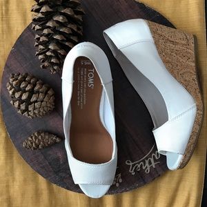 Toms White Grosgrain Women's Stella Peep-Toe Wedge